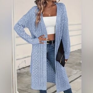 New Open Front Solid Crochet Hollow Cardigan Knit Long Sleeve Split Sky Blue NWT